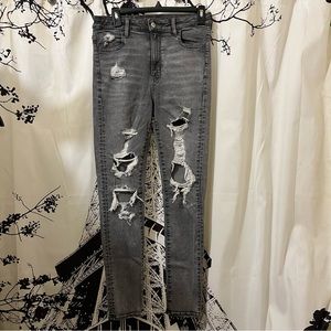 American Eagle High Rise Jeggings Heavily Distressed Charcoal Gray Stretch 8